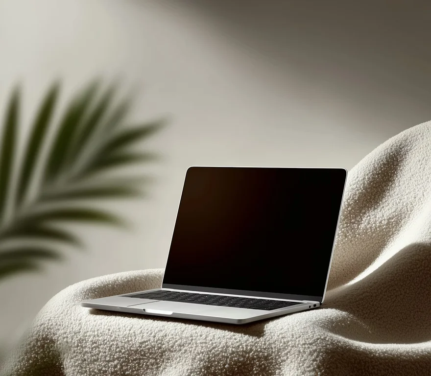 A laptop computer sitting on top of a white blanket.