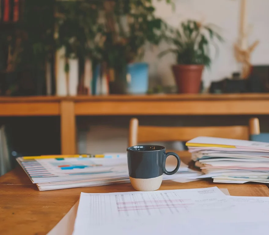 A cup of coffee sitting on top of a wooden table.
