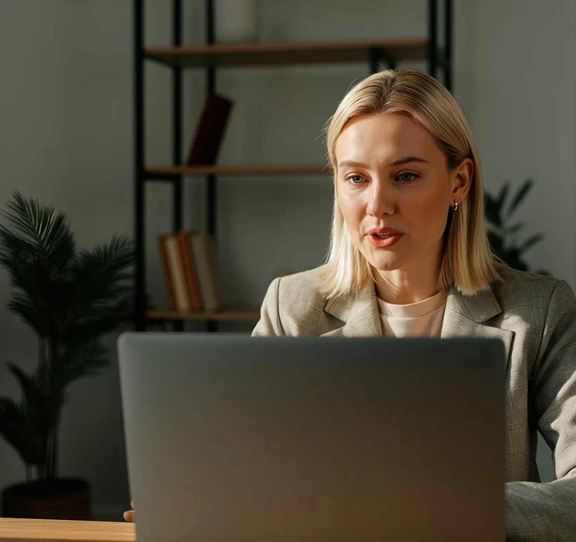 A woman sitting in front of a laptop computer.