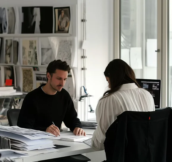 A man and a woman sitting at a desk.