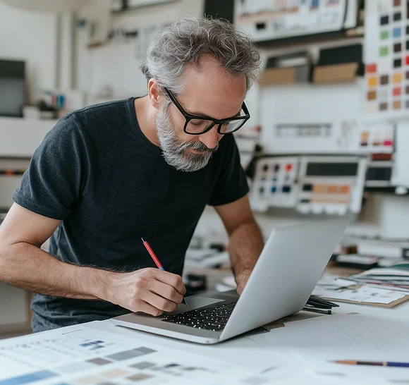 A man sitting at a table working on a laptop.