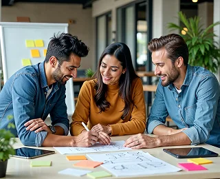 A group of people sitting around a table working on a project.