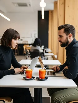 A man and woman sitting at a table working on a laptop.