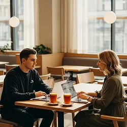 A man and a woman sitting at a table in a restaurant.