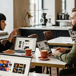 A man and a woman sitting at a table with laptops.
