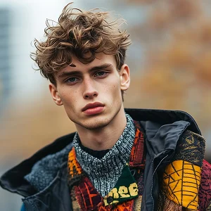 A young man with curly hair wearing a jacket.