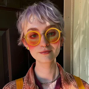 A woman with pink hair wearing yellow sunglasses.