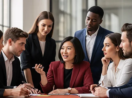 A group of business people sitting around a table.