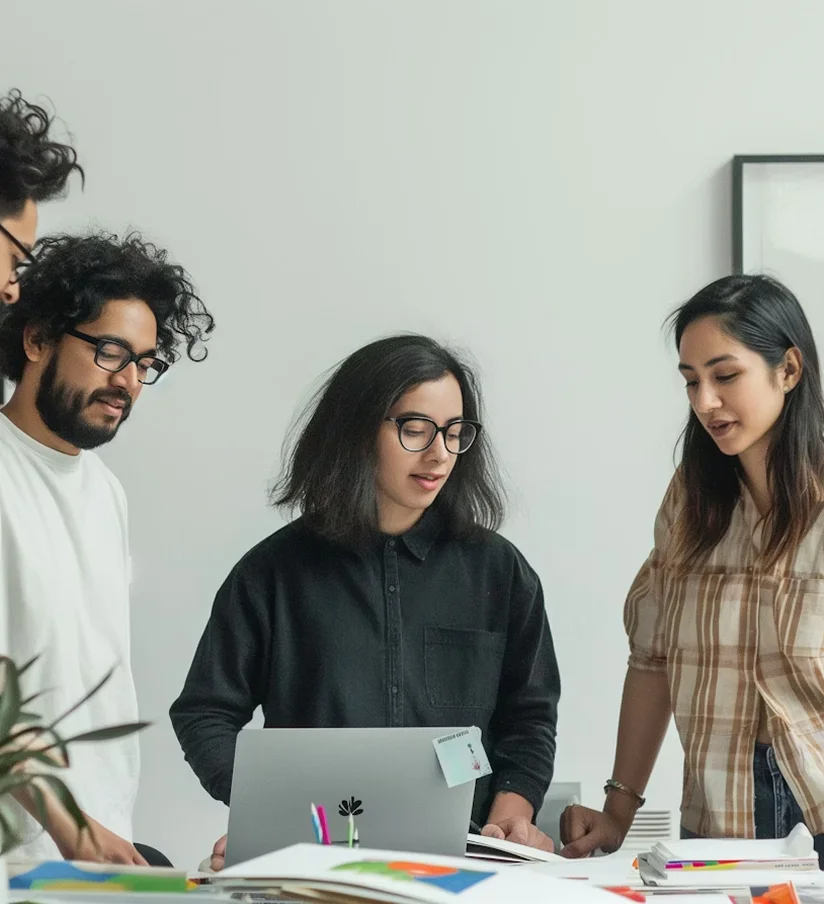 A group of people standing around a laptop computer.