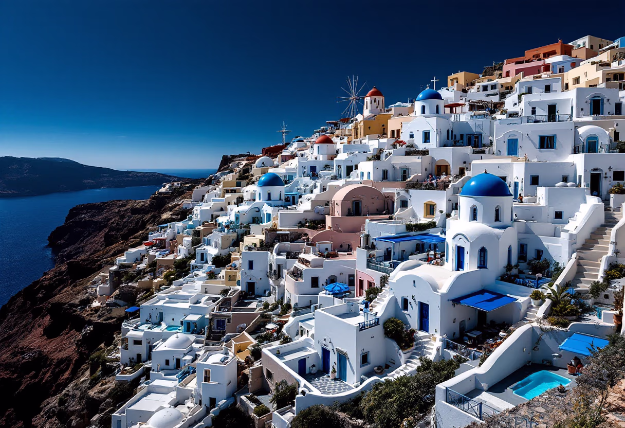 [background image] image of aerial view over santorini, showcasing its iconic white buildings with blue domes
