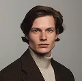 Portrait of a young person with short brown hair wearing a brown blazer and beige turtleneck against a gray background.