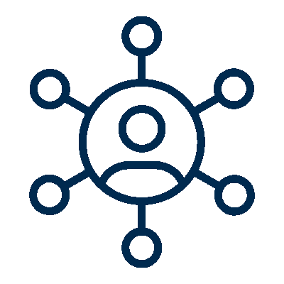 Icon of a central person connected to six outer nodes representing networking or connections.