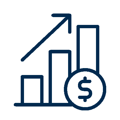Bar chart with three ascending bars and an upward arrow, accompanied by a dollar sign symbolizing financial growth.