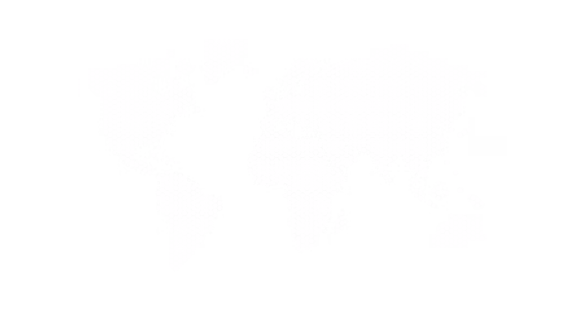 World map made up of small hexagonal dots with black background.