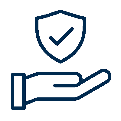 Outlined hand holding a shield with a checkmark, symbolizing protection or security.