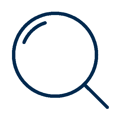 Simple navy blue magnifying glass icon on a white background.