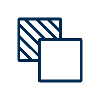 Two overlapping squares, one with diagonal stripes and one solid, representing layers or transparency.