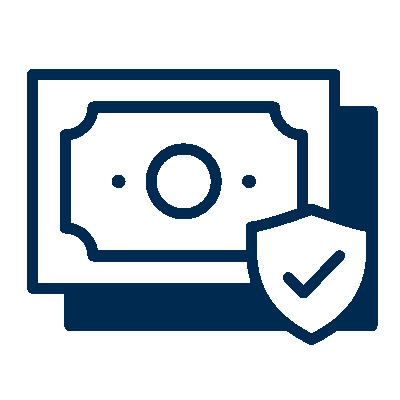 Icon of two bills with a shield featuring a checkmark indicating money protection or secure payment.