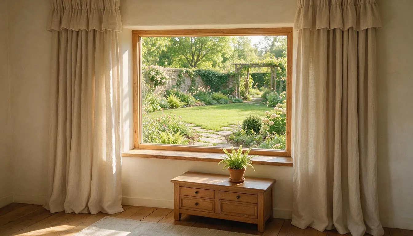 Holzfenster von innen mit Naturholzrahmen und Blick ins Grüne