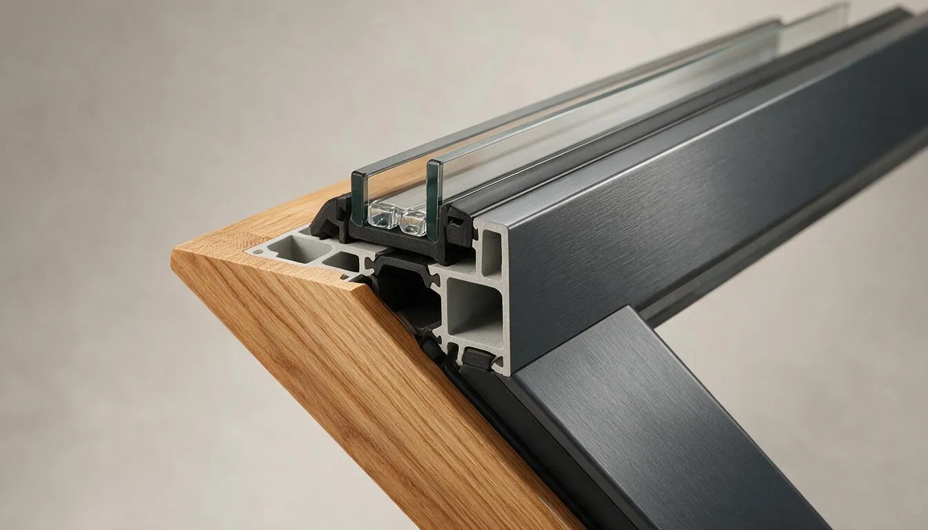 Holz-Aluminium-Fensterprofil im Eck-Detail, innen Holz, außen Aluminium