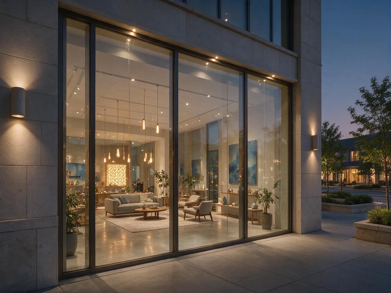 Großflächig verglaste Showroom-Front am Abend
