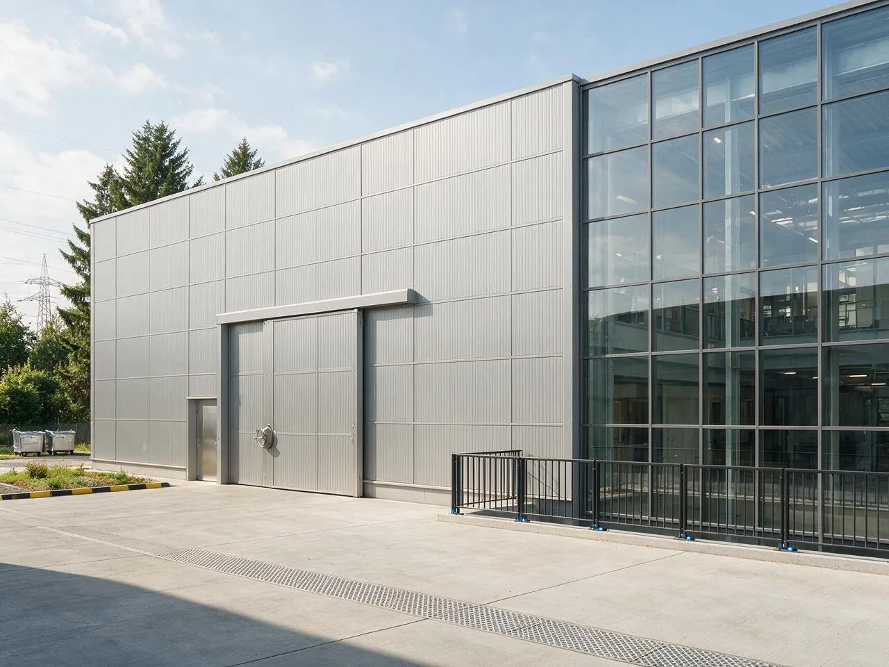 Industriehallen-Fassade mit Paneel- und Glaskombination