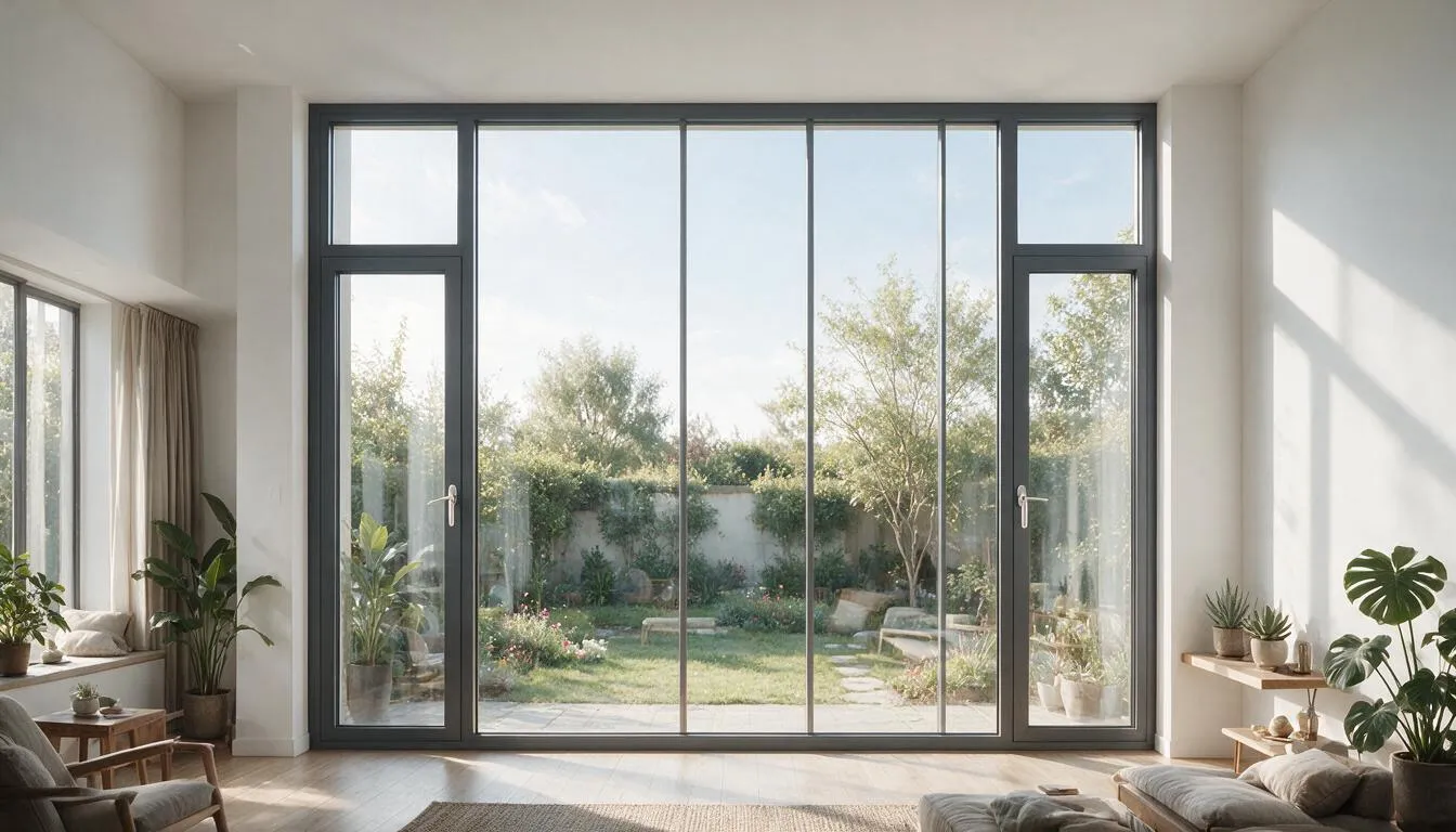 Modernes Aluminium-Fenster mit schlankem dunklem Rahmen, Blick von innen ins Grüne
