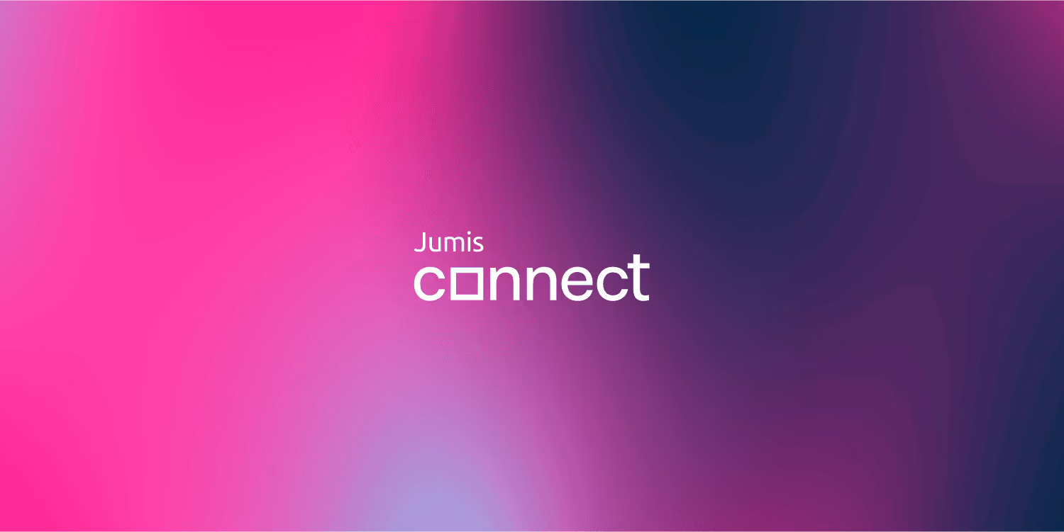 Jumis Connect logo uz violetas un rozā krāsu gradienta fona.