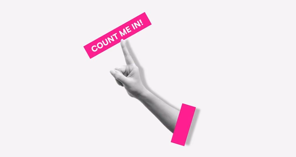 Roku žests, kas norāda uz tekstu “Count me in!”.