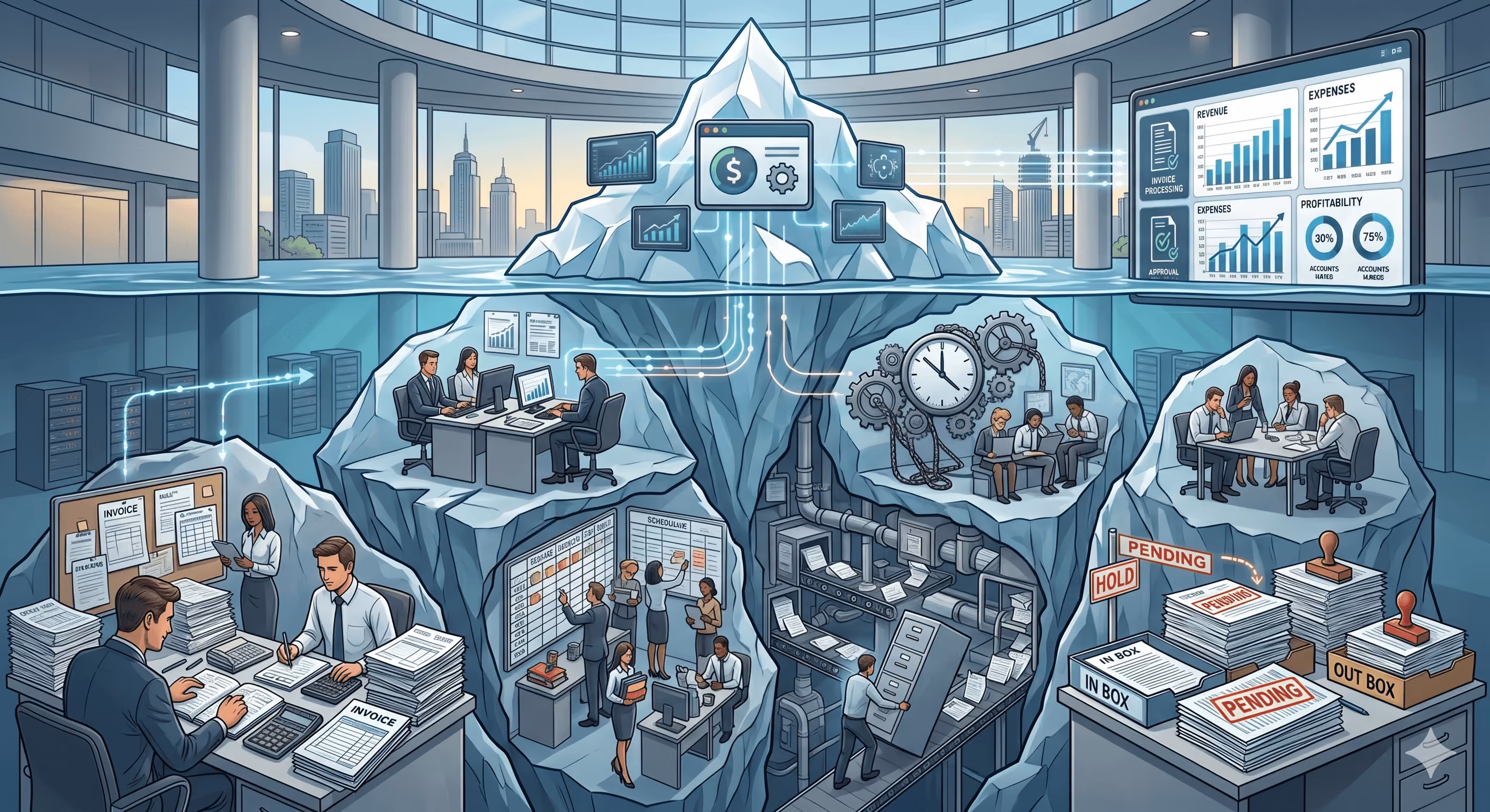 Ilustrācija, kurā attēlots biznesa aisbergs. Virs ūdens redzama moderna biroja telpa un finanšu rādītāji, bet zem ūdens aisberga iekšienē notiek intensīvs darbs dažādās nodaļās ar dokumentiem un procesiem, lai nodrošinātu virsotnes panākumus.