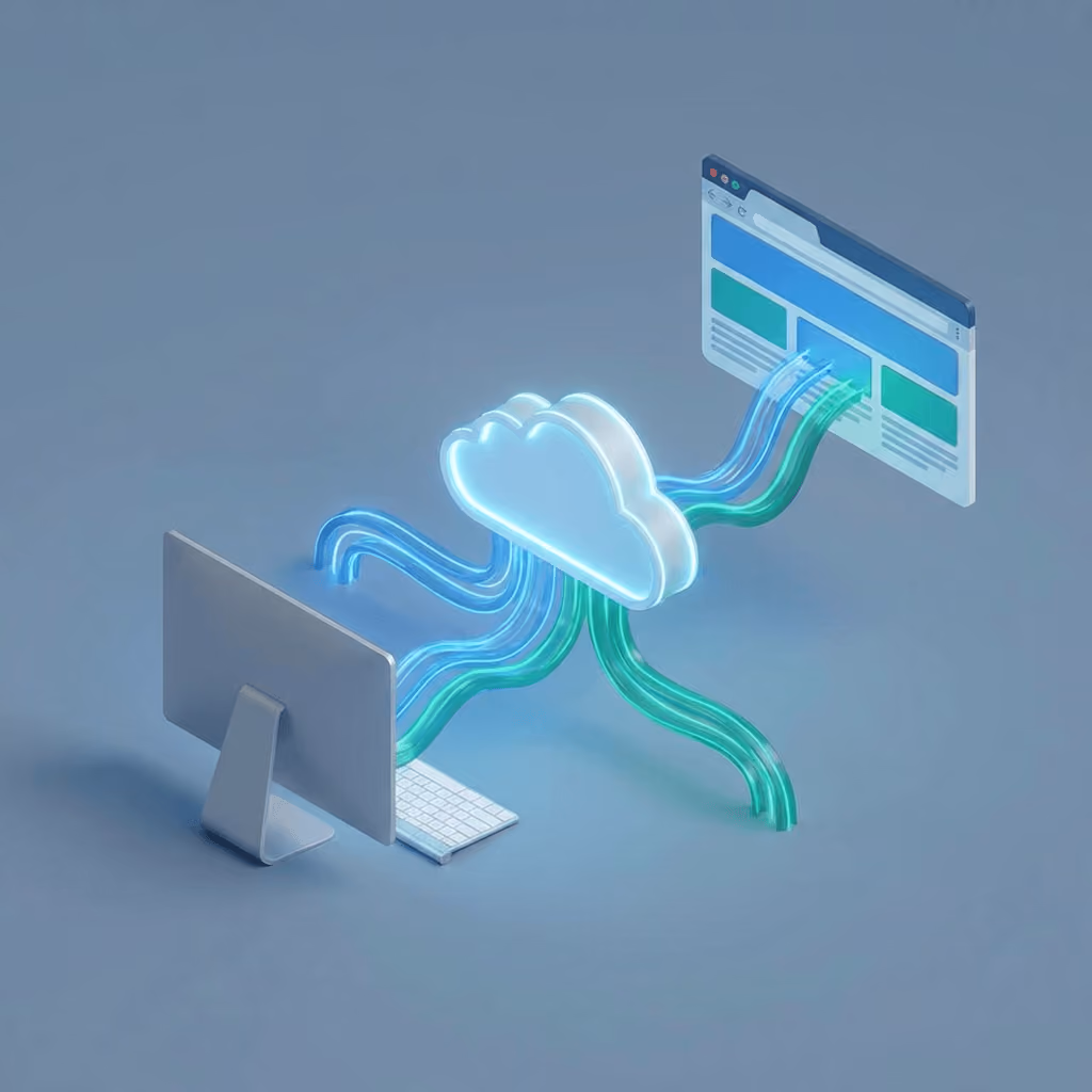 Abstrakta 3D ilustrācija uz zila fona, kurā parādīts zils desktop dators kreisajā pusē, kas savienots ar spīdošiem neonziliem un zaļiem kabeļiem ar spīdošu neonmākoņa ikonu centrā, un tālāk kabeļi savieno mākoni ar web pārlūkprogrammas logu labajā pusē.