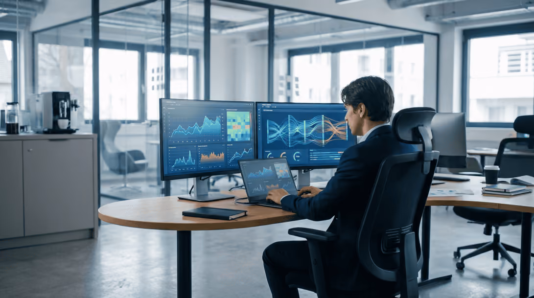 Biznesa analītiķis analizē finanšu un datu vizualizācijas uz vairākiem monitoriem.