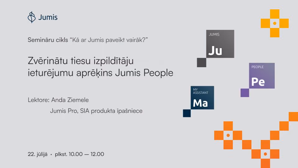 Semināra vizuālis par zvērinātu tiesu izpildītāju ieturējumu aprēķinu Jumis People ar informāciju par tēmu, lektori, datumu un norises laiku.
