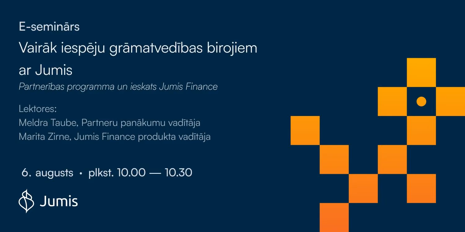 E-semināra vizuālis par partnerības programmu un Jumis Finance iespējām grāmatvedības birojiem ar informāciju par norises datumu, laiku un lektorēm.