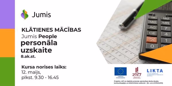Klātienes mācību reklāmas vizuālis par Jumis People personāla uzskaites kursu ar informāciju par kursa norises datumu, laiku un ilgumu.