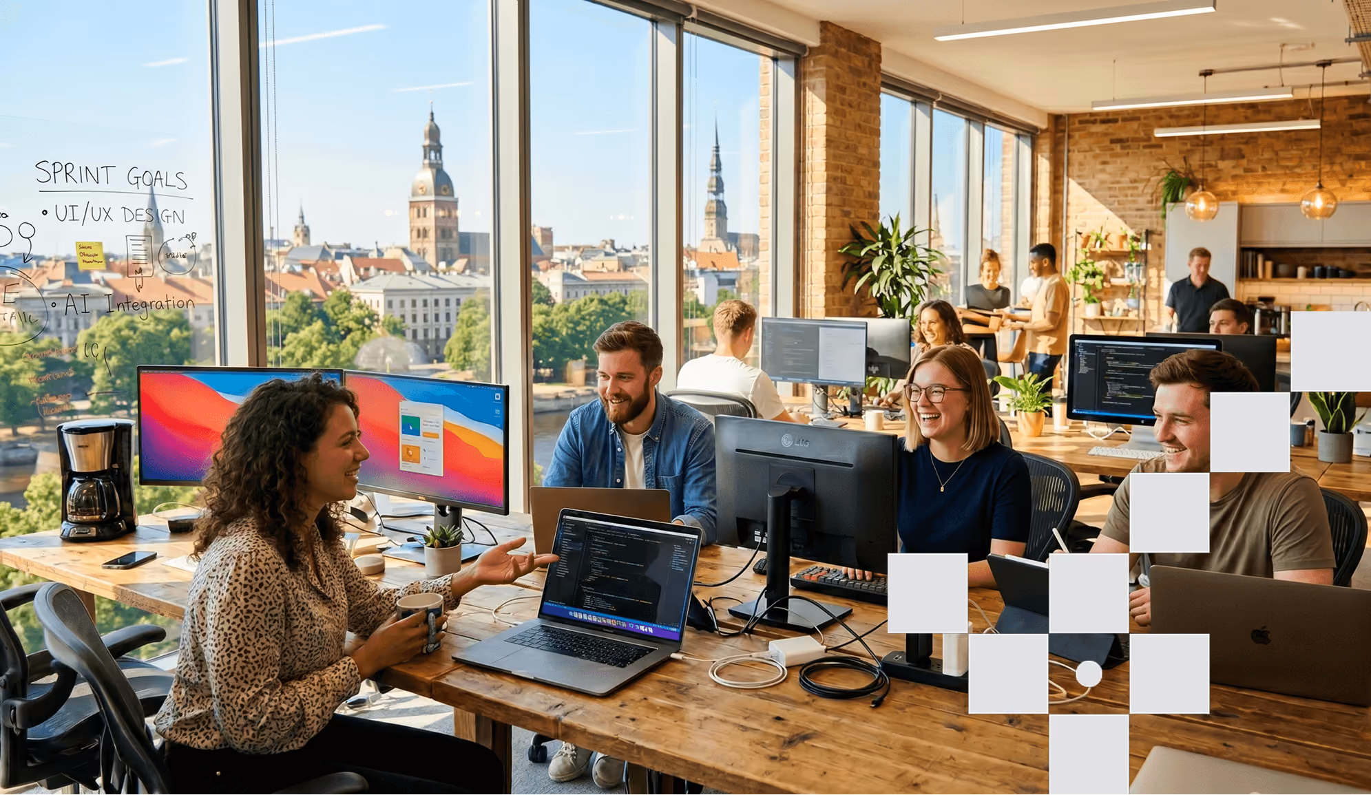Darbinieku komanda sadarbojas un apspriež projektus modernā atvērtā tipa birojā, kur vairāki kolēģi strādā pie datoriem, bet fonā redzama pilsētas panorāma. Attēla apakšējā labajā stūrī izvietoti Jumis grafiskie elementi.