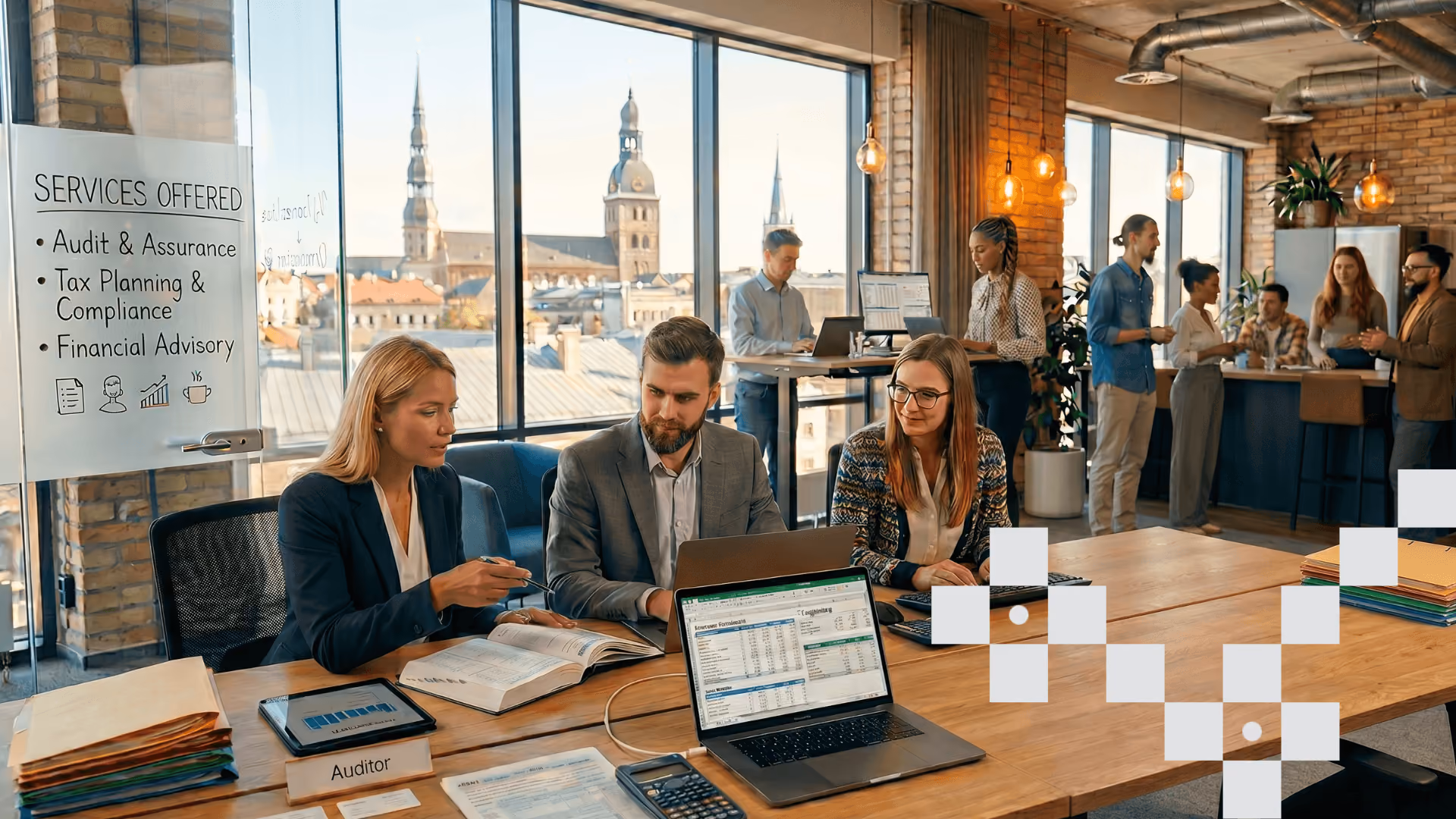 Darbinieku komanda apspriež finanšu datus pie galda modernā birojā, kur uz klēpjdatora redzama izklājlapa, bet fonā kolēģi strādā un sarunājas. Attēla apakšējā labajā stūrī izvietoti Jumis grafiskie elementi.