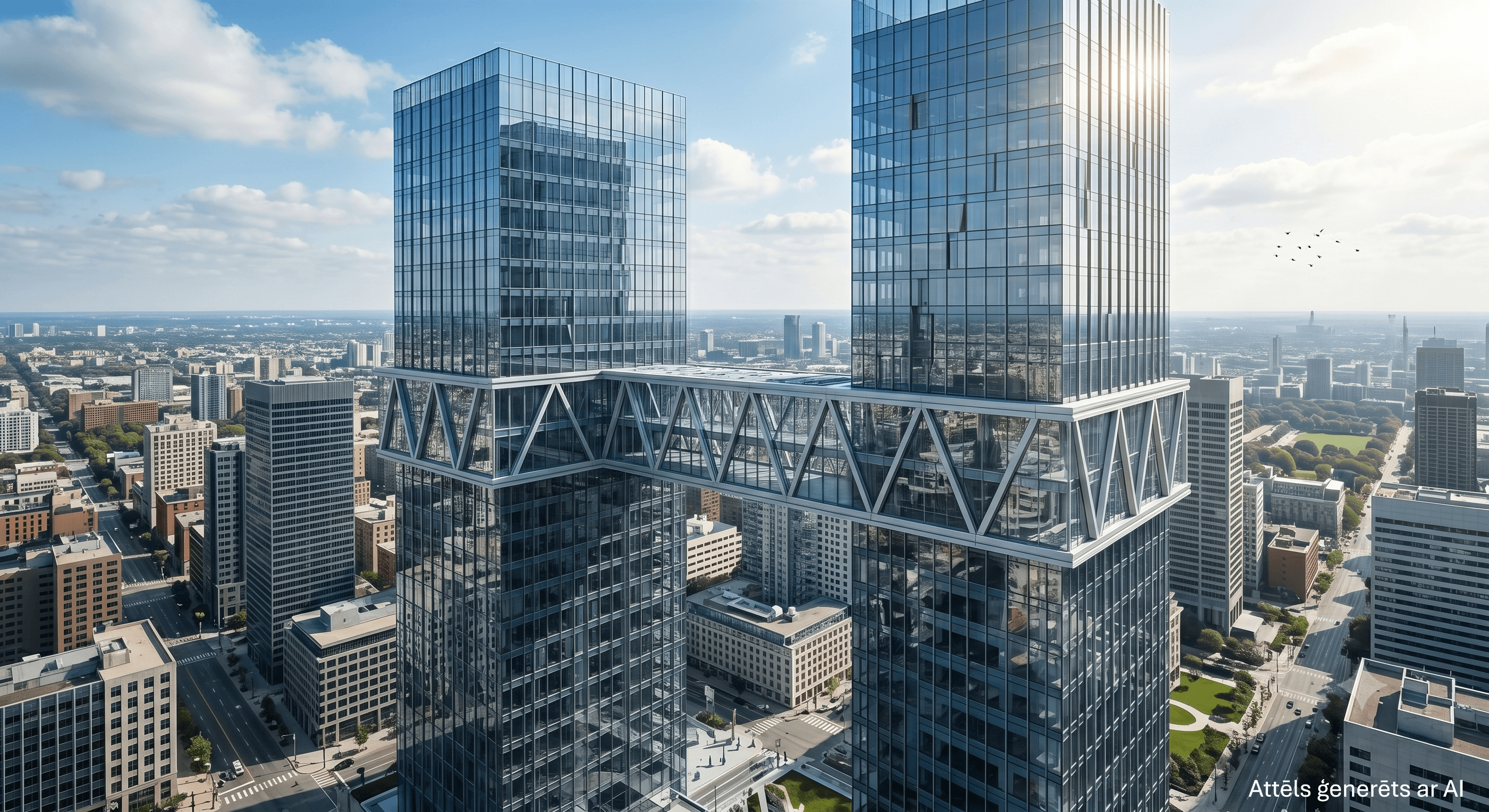 View of two glass skyscrapers on a sunny summer day.