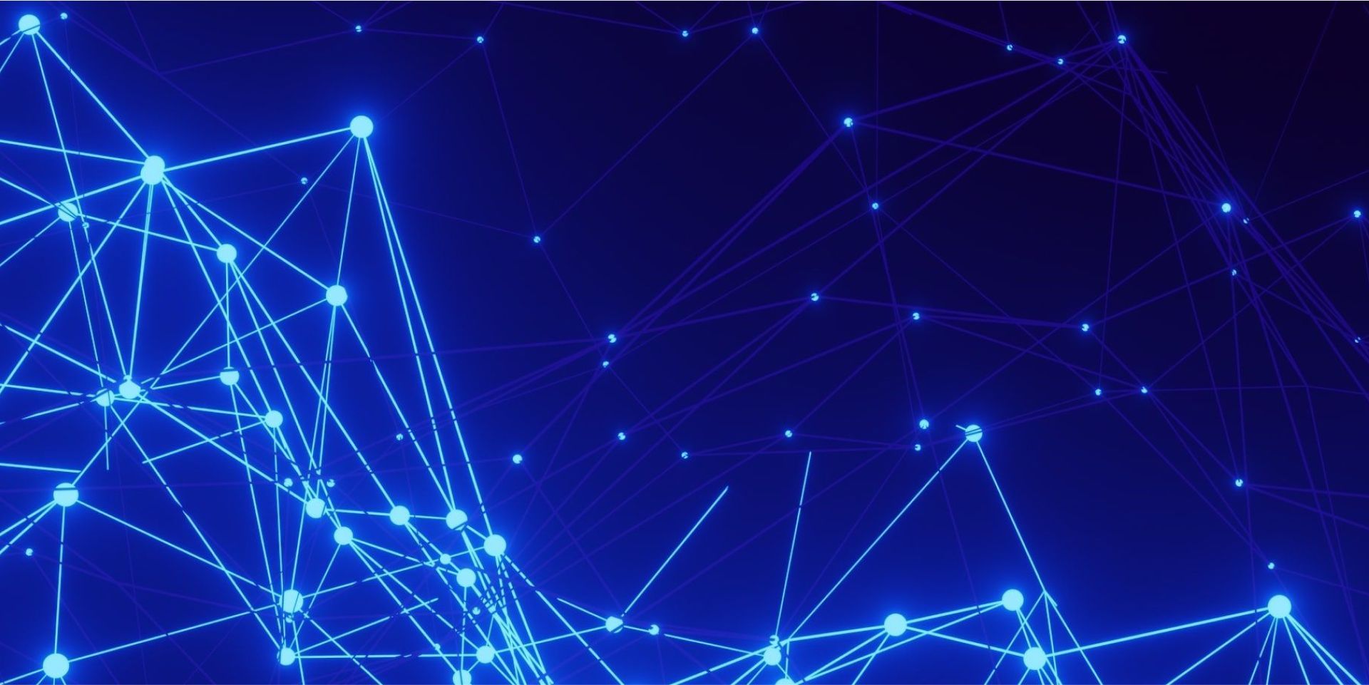A dark blue background with an interconnected network of dots and lines, creating a technological network effect.
