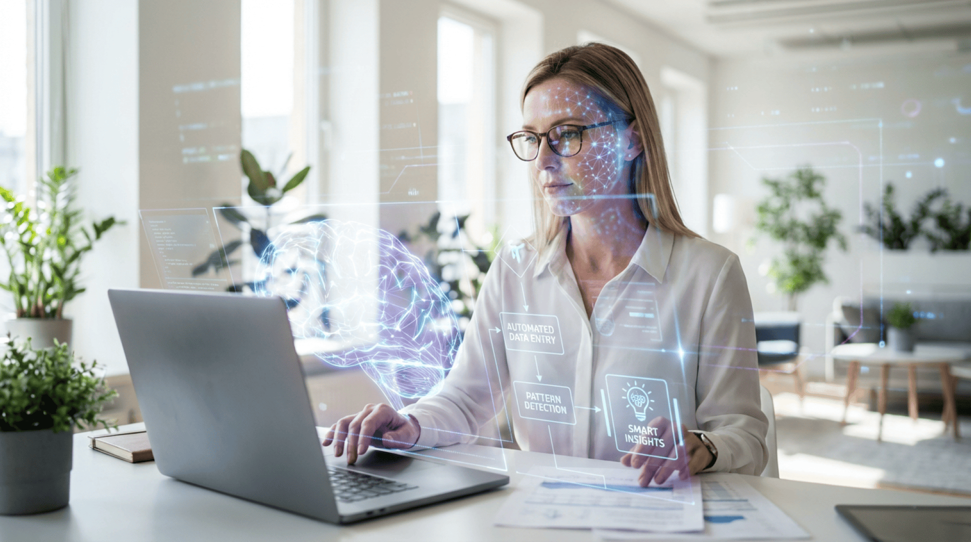 A specialist works with AI data solutions at a laptop.
