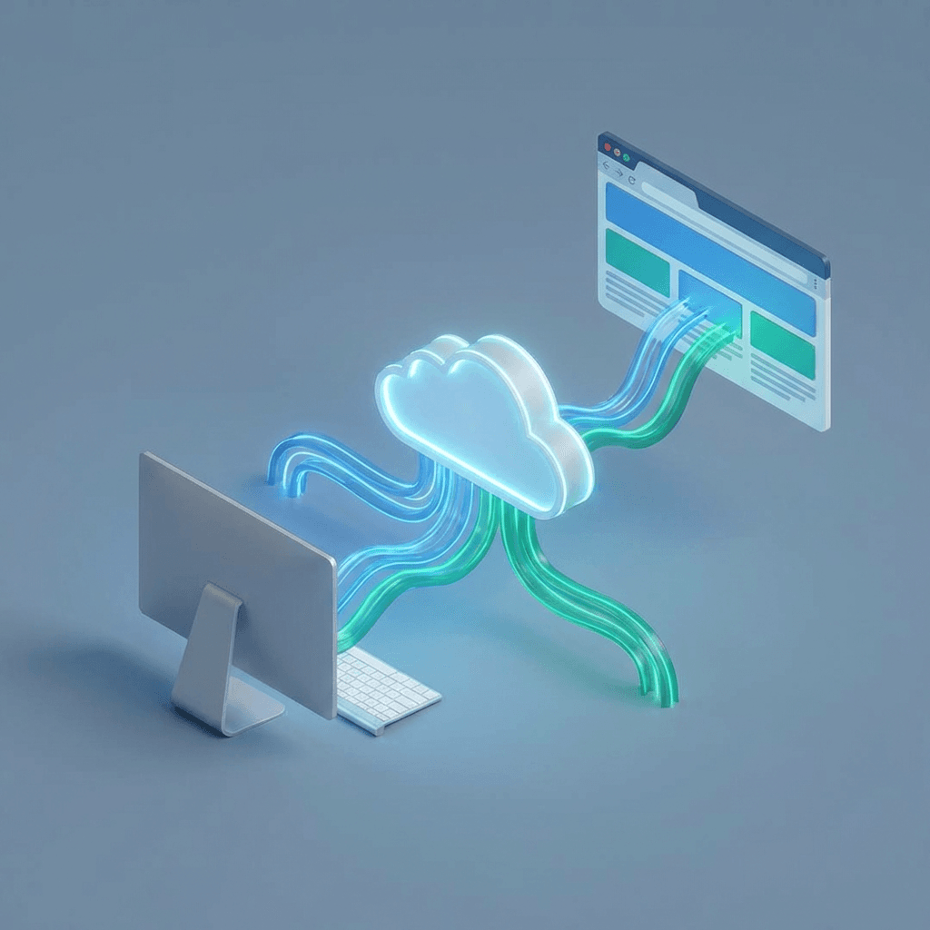 An abstract 3D illustration of a desktop computer connected via glowing cables to a cloud icon, which connects onward to a web browser window.
