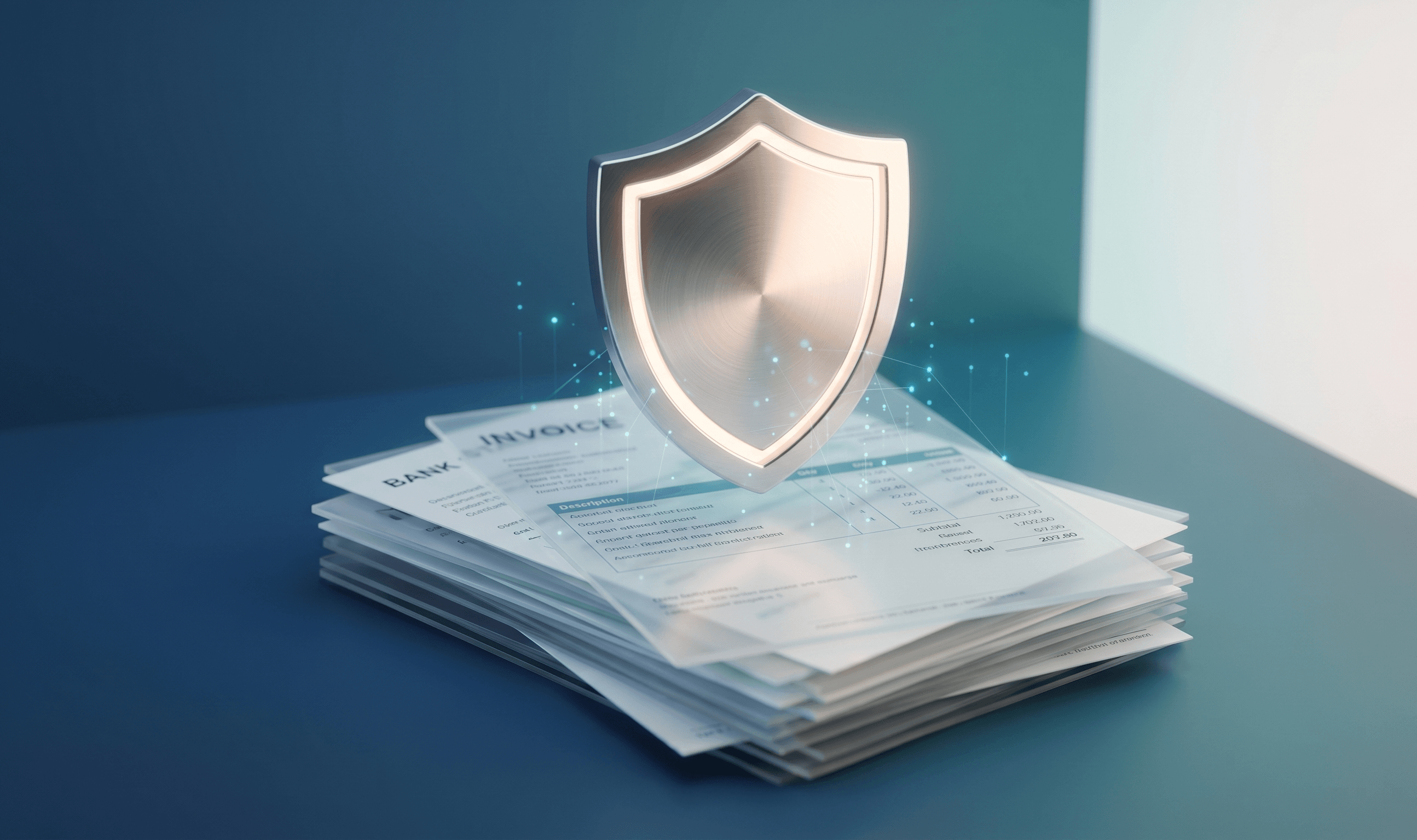 An abstract 3D illustration of a metal shield protecting a stack of digital invoices, with glowing blue data points connecting to it.
