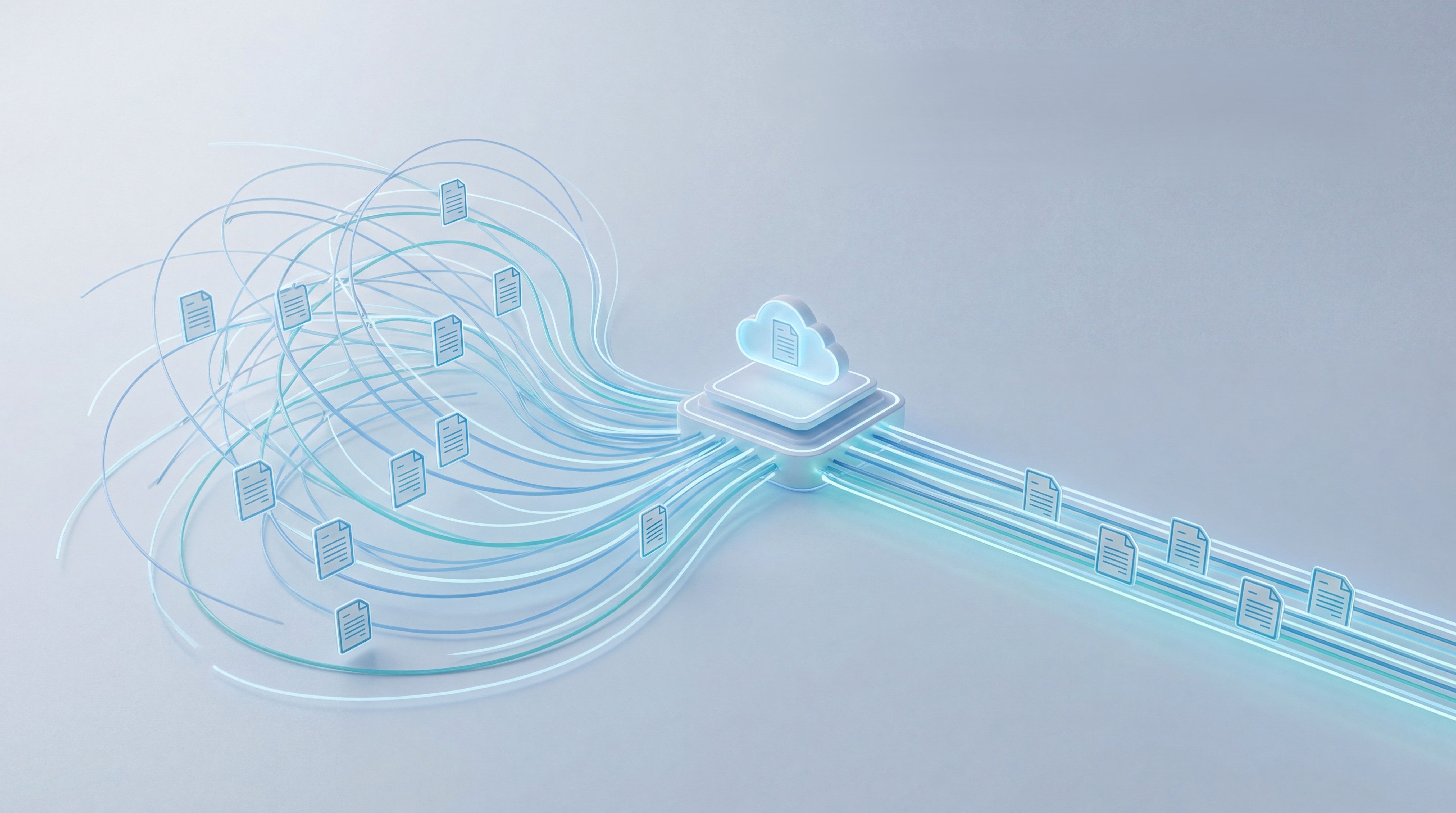 A 3D illustration of a document flow into a cloud-computing node, where data is processed and organised.