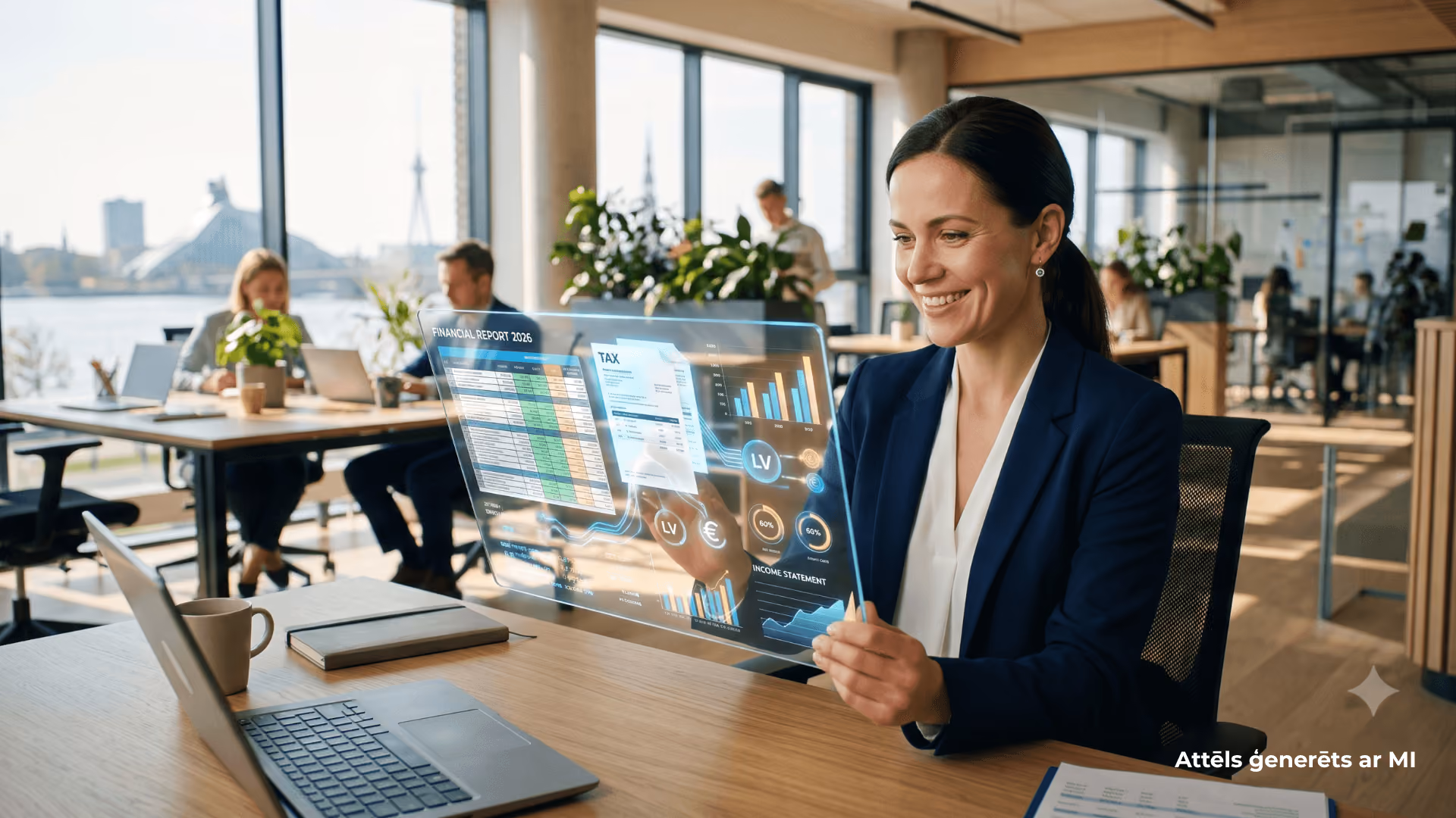 A smiling financial specialist in a modern office uses a transparent digital panel showing financial reports and data.