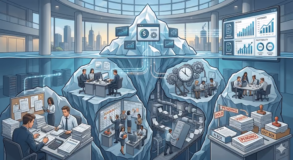 Ilustrācija, kurā attēlots biznesa aisbergs. Virs ūdens redzama moderna biroja telpa un finanšu rādītāji, bet zem ūdens aisberga iekšienē notiek intensīvs darbs dažādās nodaļās ar dokumentiem un procesiem, lai nodrošinātu virsotnes panākumus.