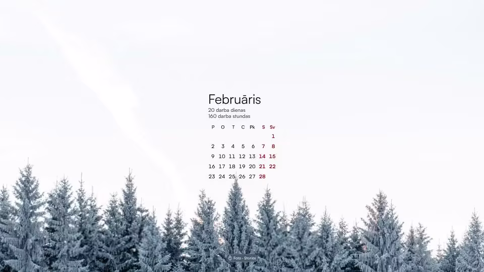 Februāra kalendārs ar darba dienu un darba stundu skaitu uz apsarmojušu egļu fona.