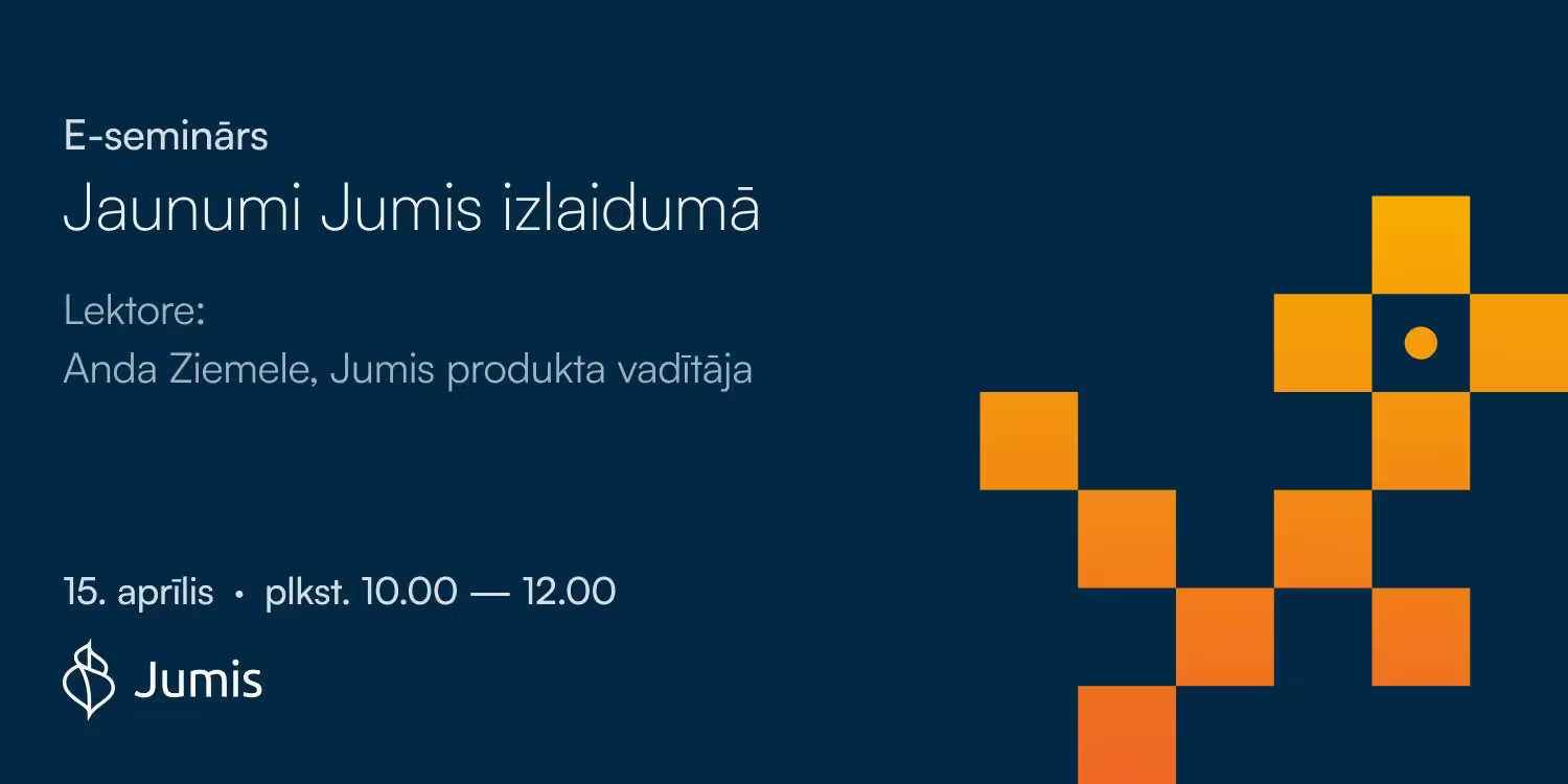 Reklāmas vizuālis e-semināram "Jaunumi Jumis izlaidumā" ar informāciju par lektori Andu Ziemeli un semināra norises datumu un laiku. Labajā pusē attēloti Jumis zīmola grafiskie elementi.