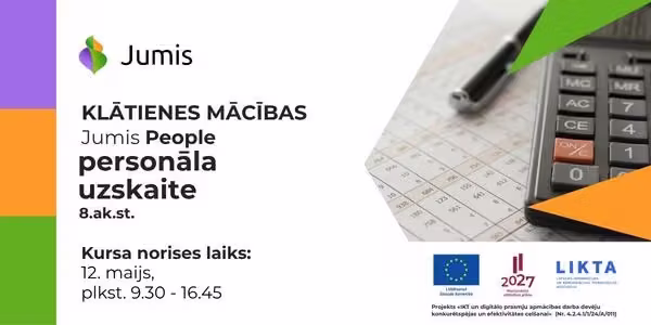 Klātienes mācību reklāmas vizuālis par Jumis People personāla uzskaites kursu ar informāciju par kursa norises datumu, laiku un ilgumu.