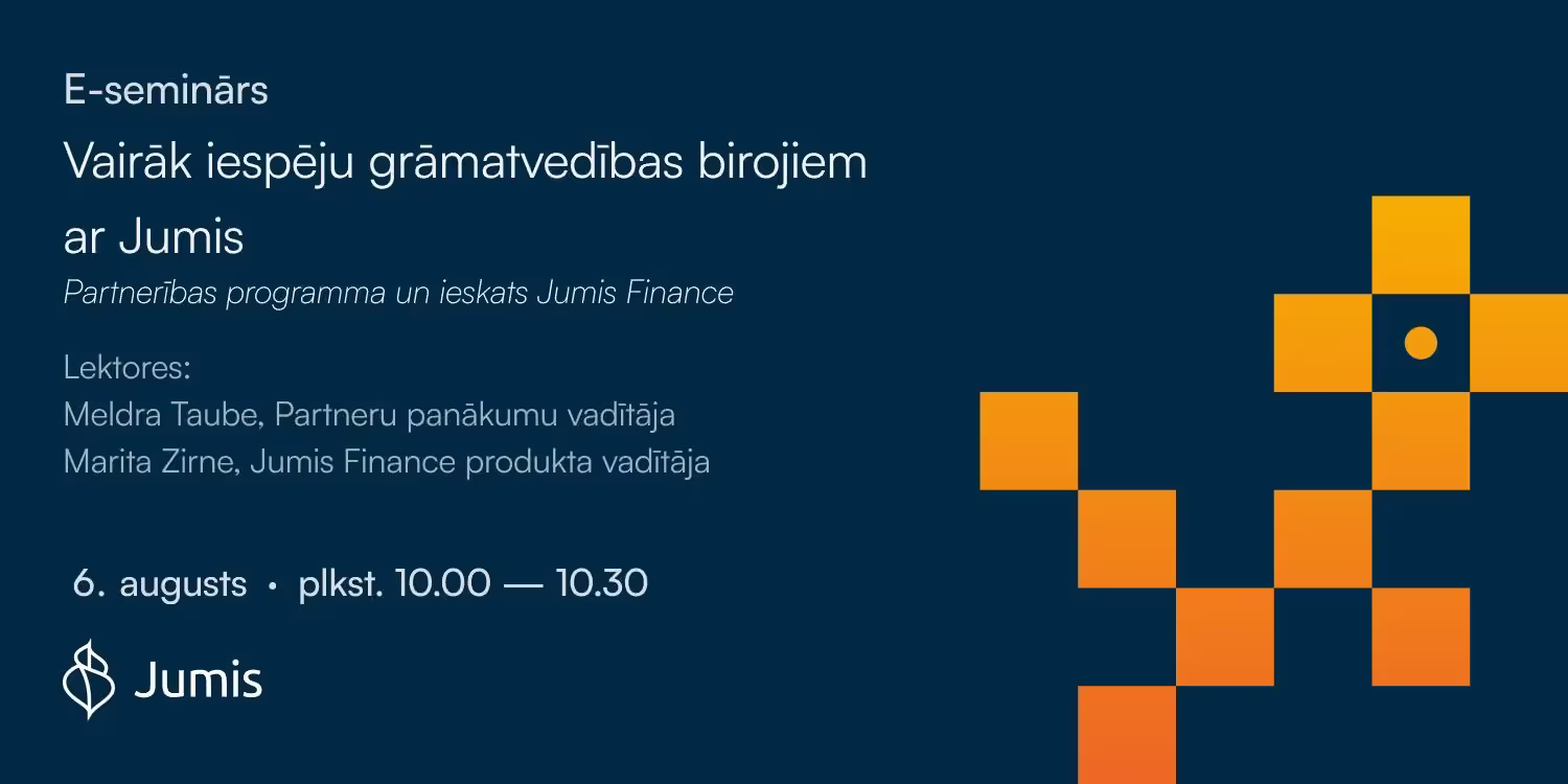 E-semināra vizuālis par partnerības programmu un Jumis Finance iespējām grāmatvedības birojiem ar informāciju par norises datumu, laiku un lektorēm.