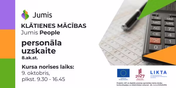 Klātienes mācību “Jumis People personāla uzskaite” baneris. Mācības notiek 9. oktobrī plkst. 9.30–16.45.